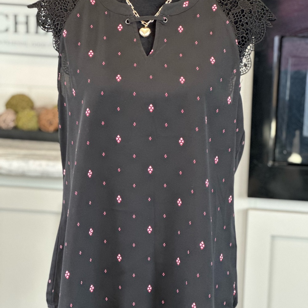 Maurices Black Blouse with Pink Pattern and Lace Detail